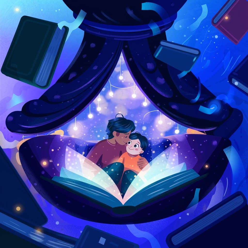 Parent reading to child in magical setting